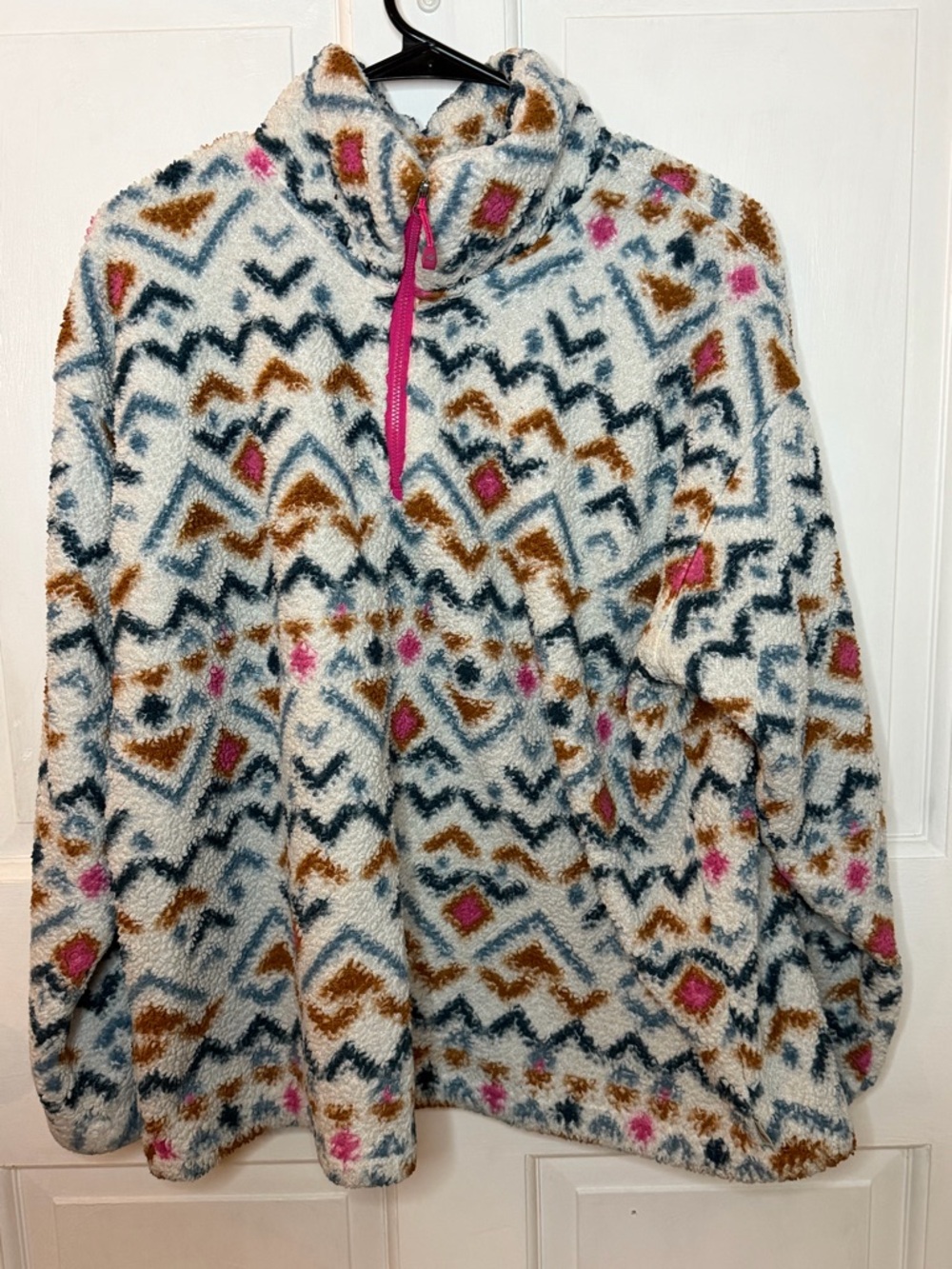 Eddie Bauer Womens Pullover 1/4 Zip Pink Vanilla Aztec Geo Pattern Ultra Soft